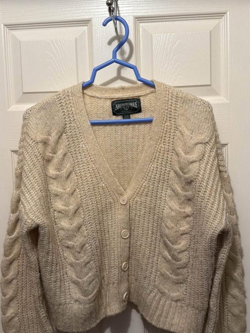 American Eagle Outfitters Beige Cable V-Neck Button Cardigan